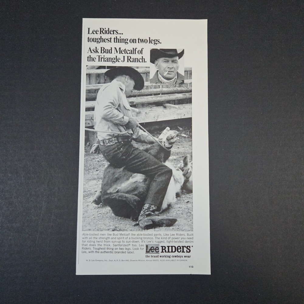 1967 Lee Riders Jeans Vintage Print Ad Bud Metcalf Triangle J Ranch‎ Calf Roping